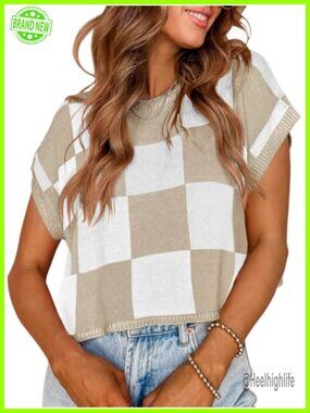 Womens Cap Sleeve Color Block Crop Top Knit Sweater Summer